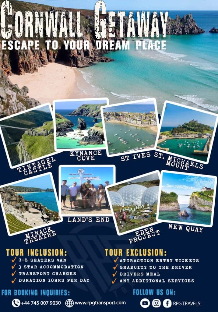 Cornwall Getaway tour flyer with destinations and inclusions