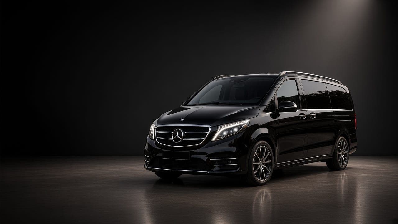 Black Mercedes-Benz V-Class in a dark studio