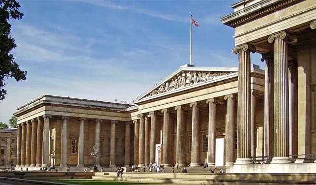 The classical columned facade of the British Museum