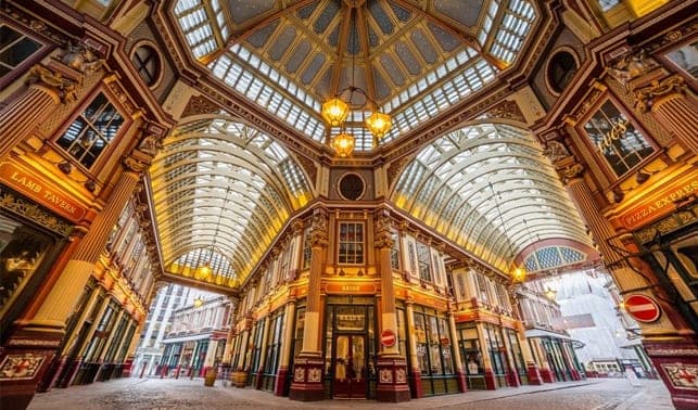 The ornate painted roof and glass ceiling of Leadenhall Market