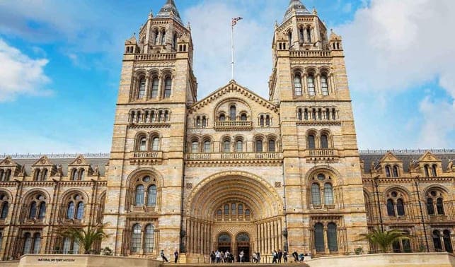 The Romanesque towers and arched entrance of the Natural History Museum
