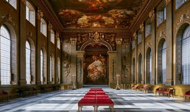 The richly painted walls and ceiling of the Painted Hall