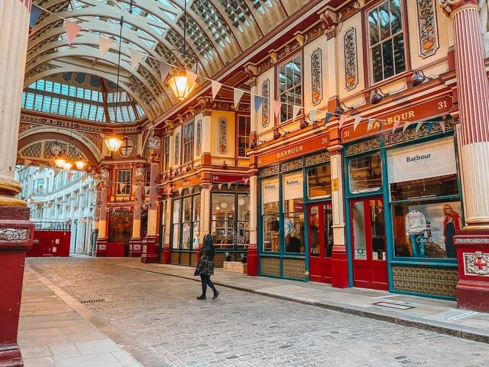 The ornate red and cream arcades of Leadenhall Market