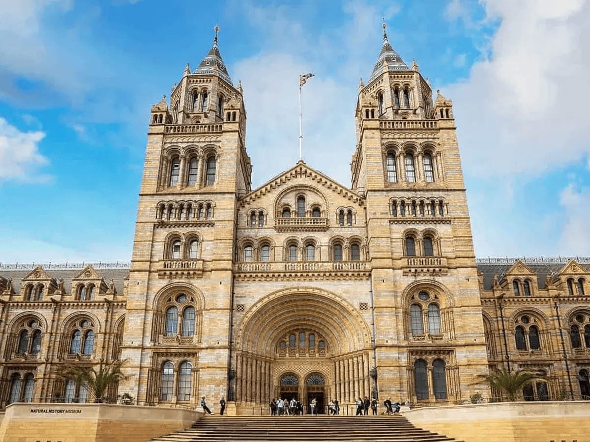 The Romanesque towers and arched entrance of the Natural History Museum