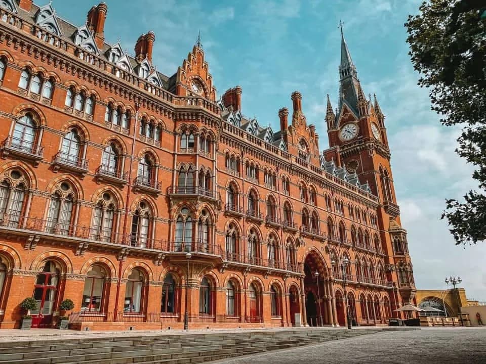 The red-brick Gothic facade of the St Pancras Renaissance Hotel